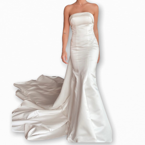 Hebeos Dresses & Skirts - NWOT white satin strapless fitted back bow trim court train wedding dress SZ 14